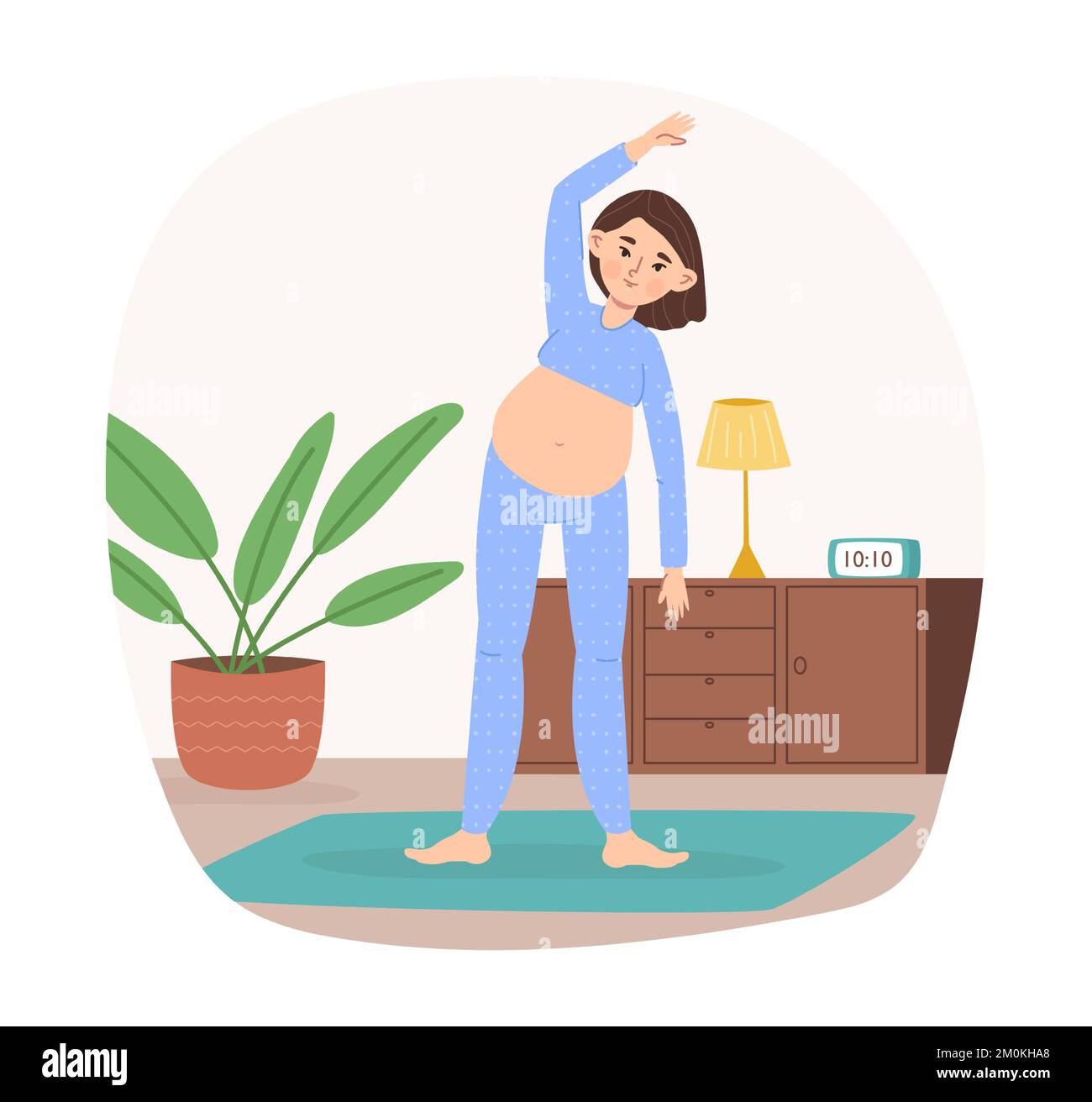 Femme enceinte pratiquant le yoga. Personnage féminin avec ventre faisant du sport s'exerçant à la maison. Jeune personne active ayant de l'entraînement Illustration de Vecteur