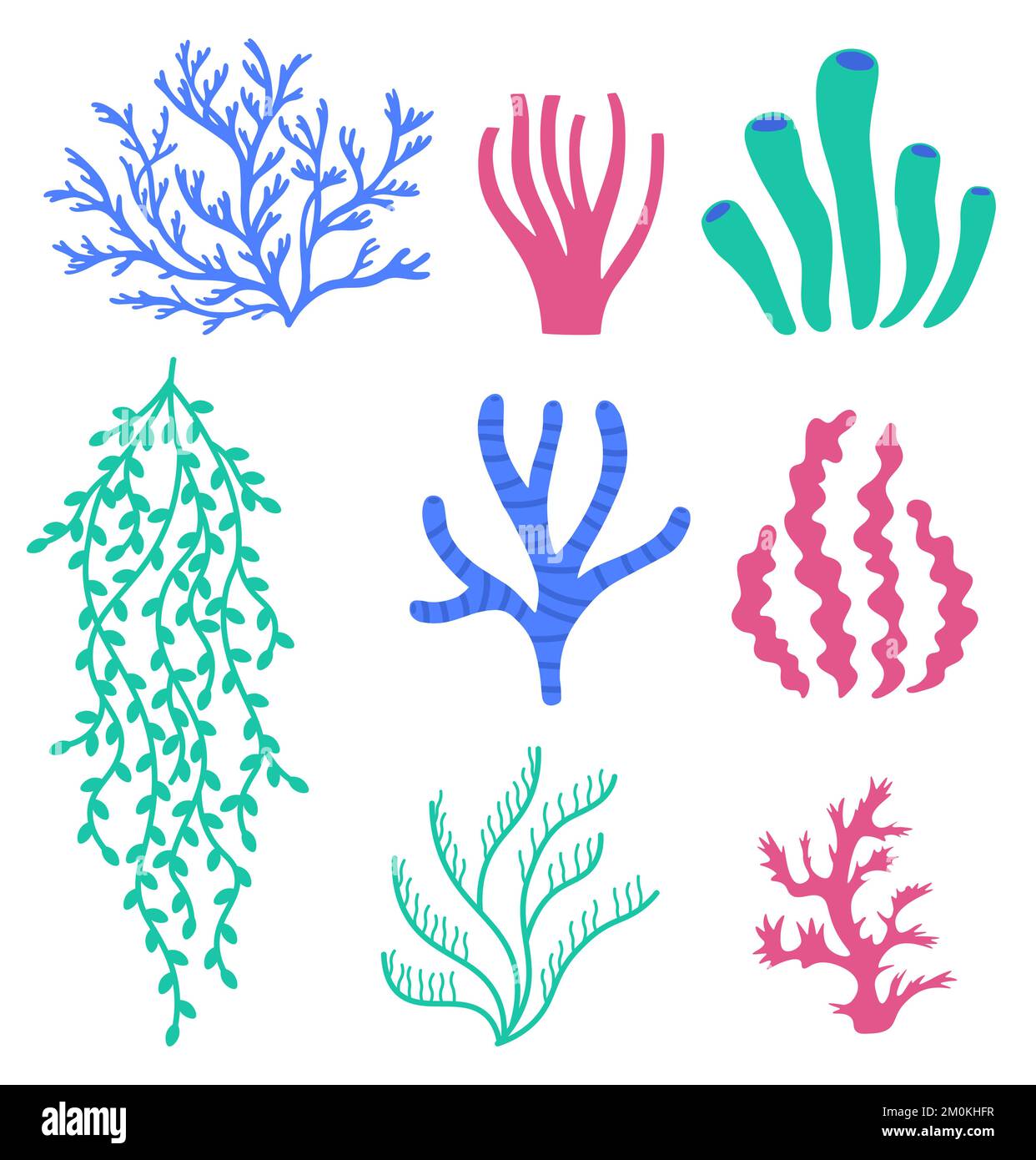 Coraux de mer et algues. Plantes sous-marines colorées. Faune florale sous-marine et éléments d'aquarium. Algues naturelles Illustration de Vecteur