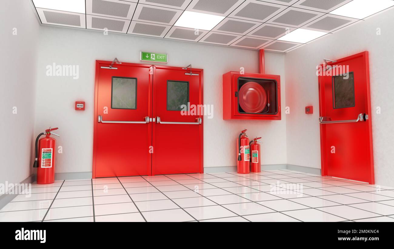 Porte de sortie de secours, panneau de sortie, bouton d'urgence incendie, extincteurs et armoire d'incendie. 3D illustration. Banque D'Images