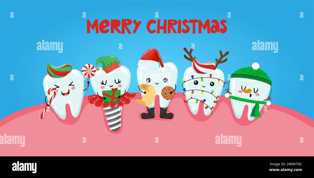 Joyeux Noël - les personnages de l'équipe de Tooth dans le style kawaii. Dents dessinées à la main avec des vêtements amusants. Bon pour l'affiche de prévention scolaire, carte de vœux, bannière Illustration de Vecteur