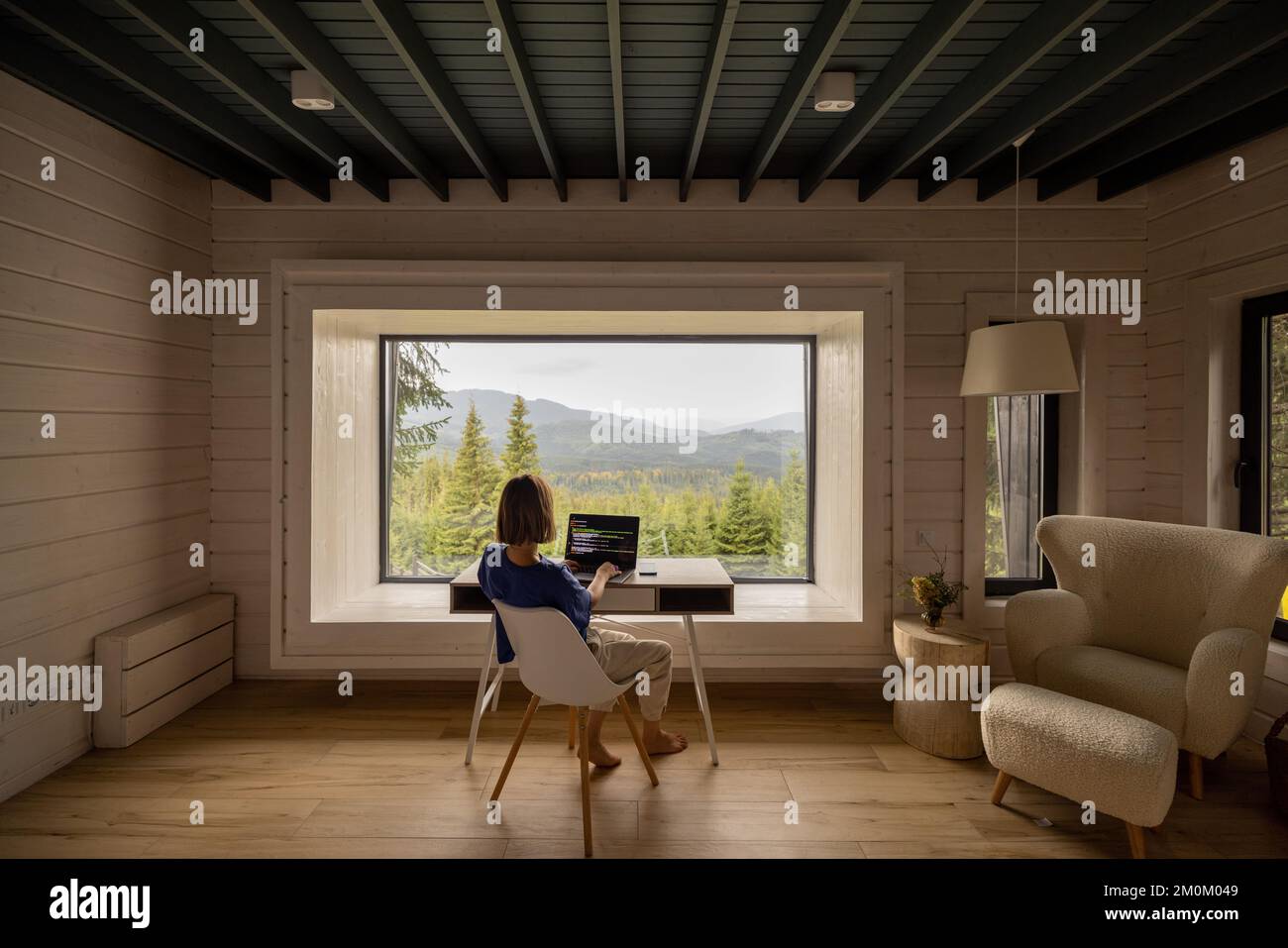 Femme travaille sur ordinateur portable à distance dans la maison sur la nature Banque D'Images