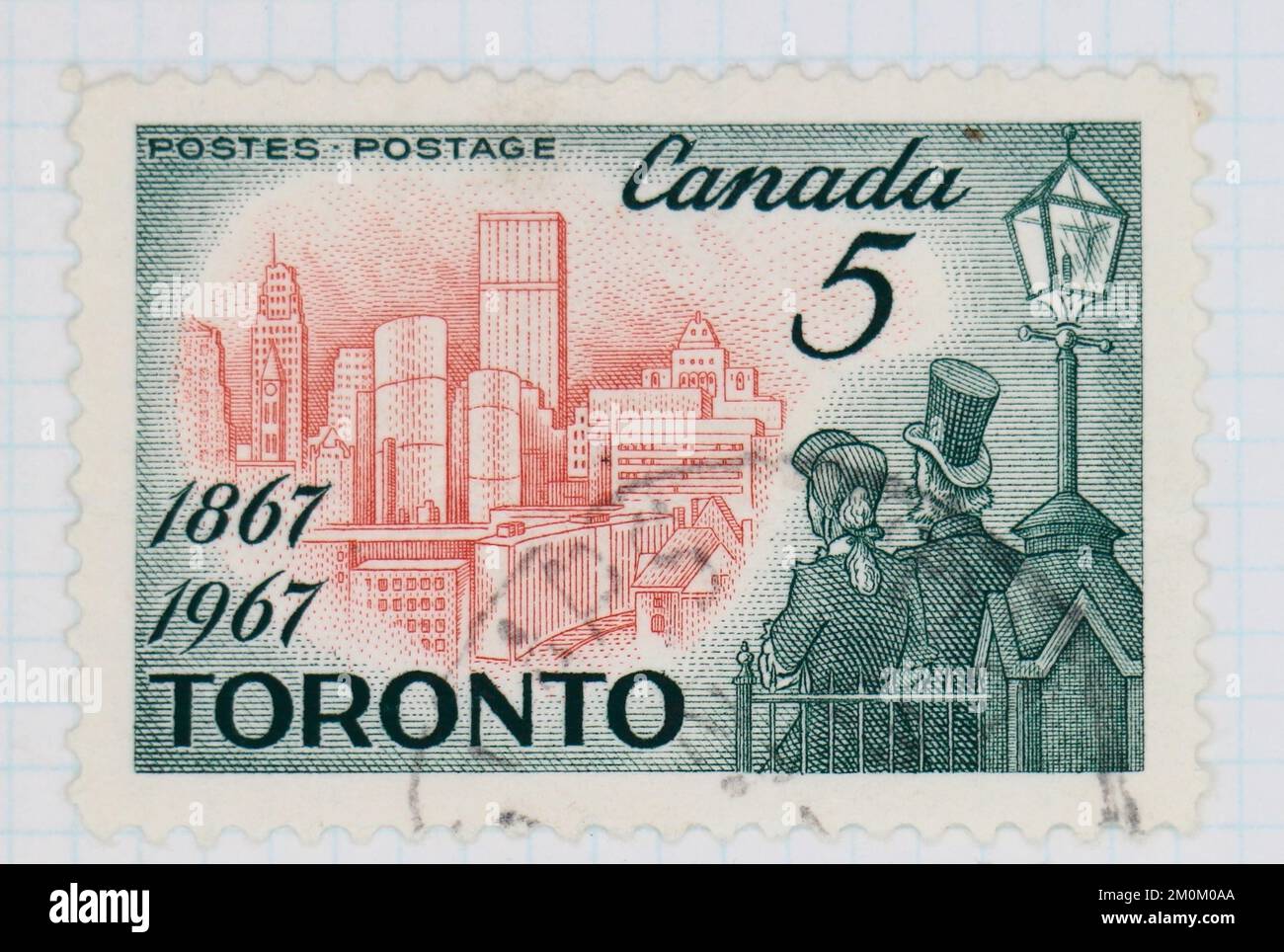 Photo d'un timbreposte du centenaire du Canada de Toronto, capitale de