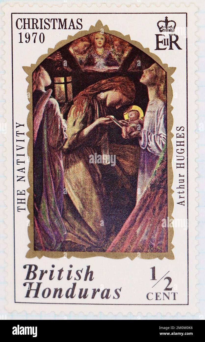 Photo d'un timbre-poste du Honduras britannique la Nativité de la série de Noël 1970 d'Arthur Hughes Banque D'Images