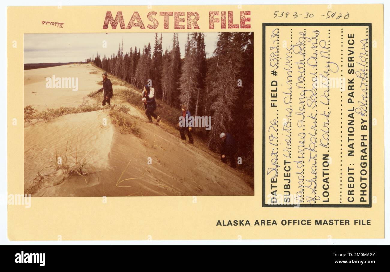 Les visiteurs grimpent les dunes de sable le long de la limite nord des dunes de sable de Great Kobuk. Photographies du Groupe de travail de l'Alaska Banque D'Images