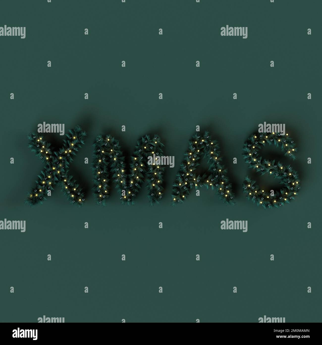 Mot Xmas fait de branches de pin et de lumières décorées sur fond vert. 3D rendu Banque D'Images