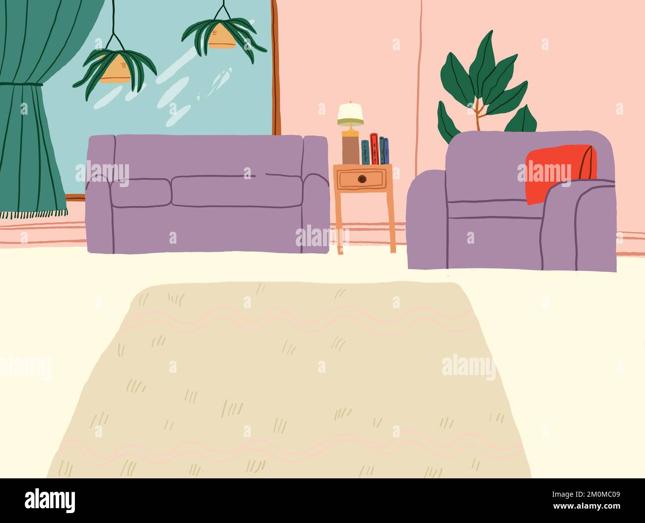 Illustration vectorielle d'un intérieur de salon confortable avec canapés, plantes, tapis. Illustration vectorielle Illustration de Vecteur