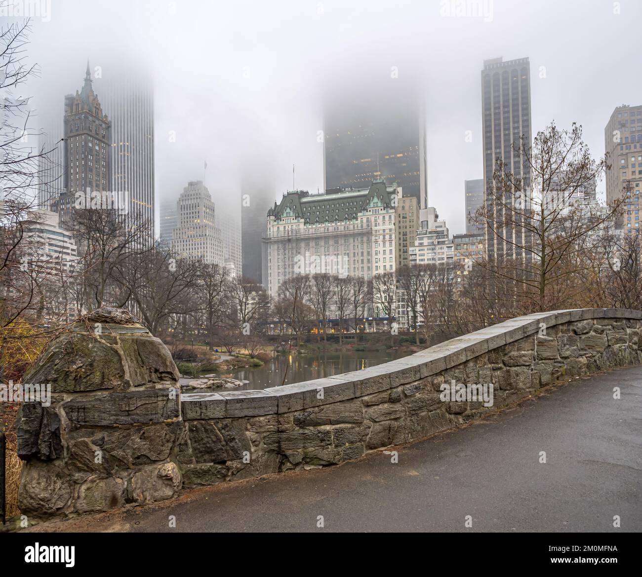 Le pont Gapstow dans Central Park au début du printemps le matin brumeux Banque D'Images