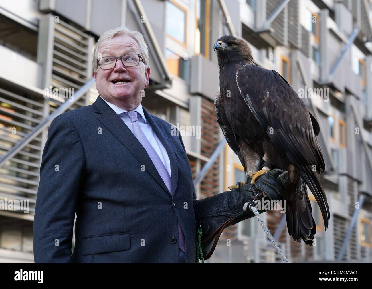 Jackson Carlaw MSP, organisateur de la Commission de la participation des citoyens et des pétitions du Parlement écossais avec un aigle royal de 15 ans, Stanley, au Parlement écossais à Édimbourg. Le requérant Barry Blyther a déposé une pétition demandant au Parlement écossais d'exhorter le gouvernement écossais à modifier la loi de 2020 sur les animaux et la faune afin de permettre la chasse aux lièvres de montagne aux fins de la fauconnerie. Date de la photo: Mercredi 7 décembre 2022. Banque D'Images