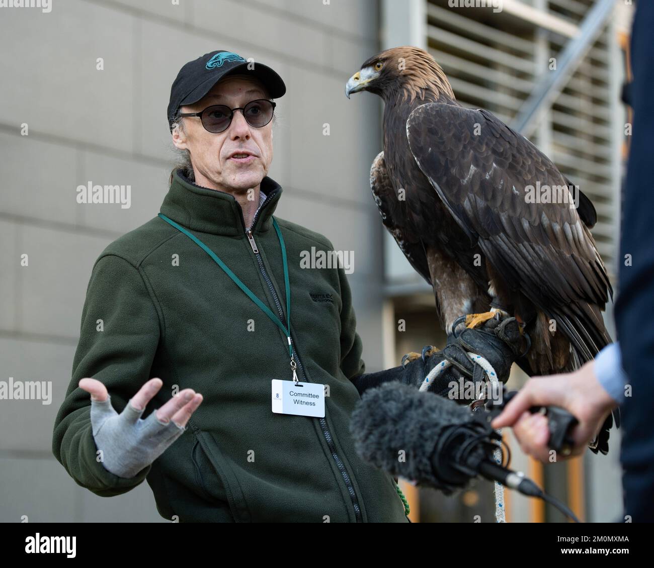 Édimbourg, Écosse, Royaume-Uni. 7 décembre 2022. PHOTO : Barry Blyther avec Stanley The Golden Eagle. La commission de la participation des citoyens et des pétitions publiques prendra les preuves du requérant plus tôt dans la journée pour mieux comprendre l'impact de la législation de 2020 sur la fauconnerie en Écosse et s'il y a eu des conséquences inattendues. Le pétitionnaire Barry Blyther, Roxanne Blyther et Stanley l'aigle doré. Le Comité doit également obtenir des témoignages du Ministre de l'environnement, de la biodiversité et de la réforme agraire et de NatureScot le 21st décembre 2022. Crédit : Colin D Fisher Banque D'Images