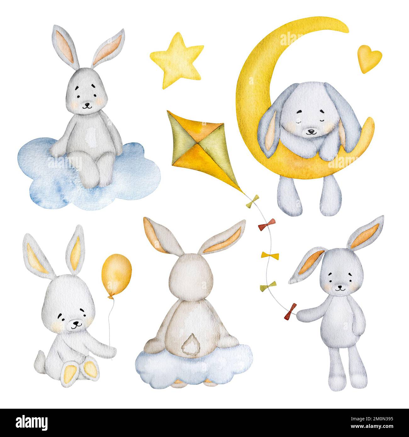 Jolis tableaux de lapin aquarelle pour carte postale Banque D'Images