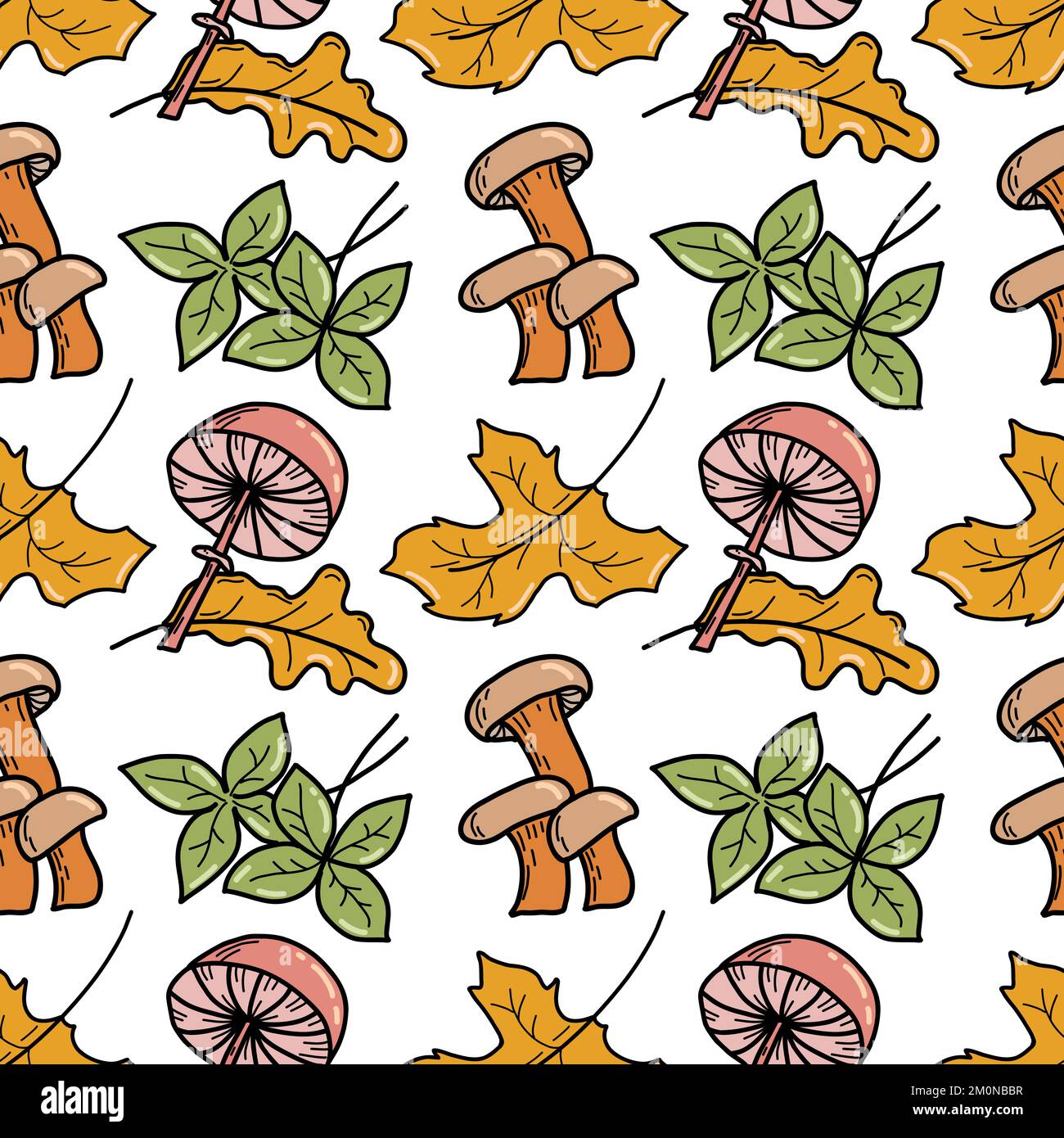 Champignons et feuilles. Motif vectoriel d'automne sans couture avec champignons et fraises sauvages. Feuilles d'automne. Illustration Doodle. Illustration de Vecteur