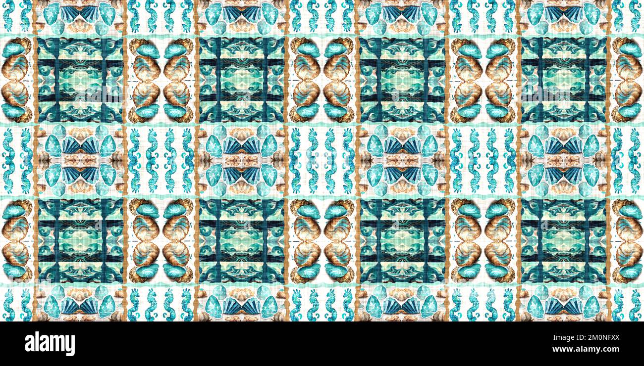 La maison de plage sarcelle est borde patchwork de style côtier. nantucket moderne été imprimé bordures temps tissu. Ruban de bannière en répétition sans couture. Banque D'Images