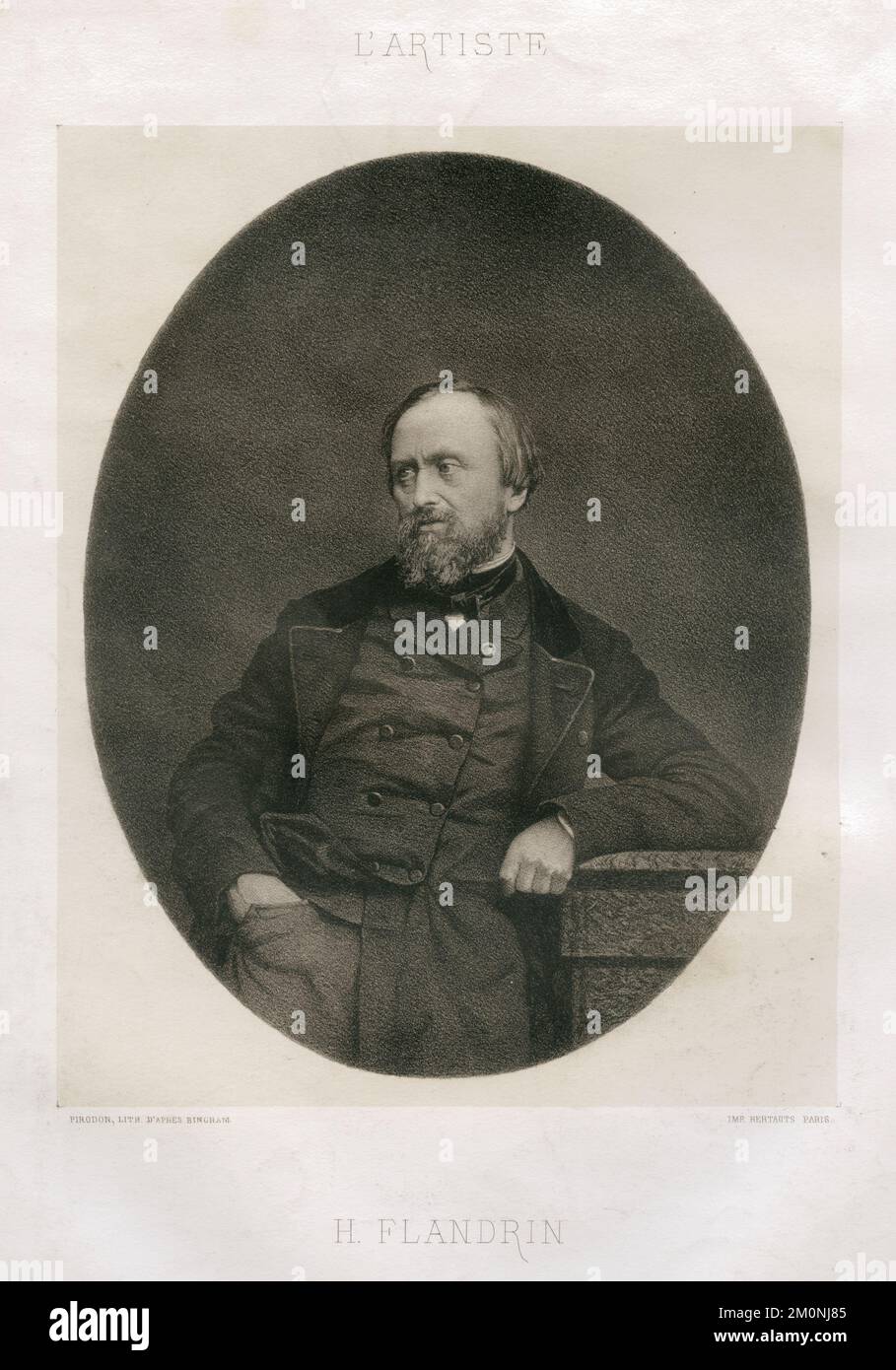 Portrait lithographique du peintre néoclassique français Hippolyte Flandrin (1809 - 1864), d'après une photographie de Robert Jefferson Bingham (1824 - 1870), 1862. Lithographie d'Eugène Louis Piron (1824 - 1917), imprimée par Bertauts Banque D'Images