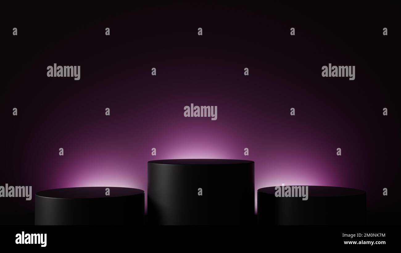 trois présentations de produits podium 3d avec une lumière éclatante derrière les podiums, un décor pour la présentation ou la présentation des produits Banque D'Images