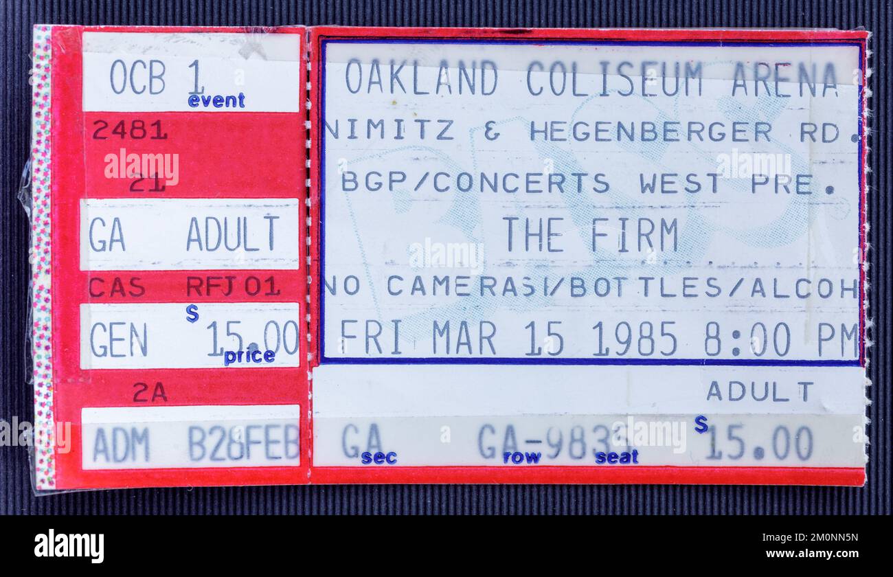 Oakland, Californie - 15 mars 1985 - ancien billet utilisé stub pour le concert ferme au Coliseum d'Oakland Banque D'Images