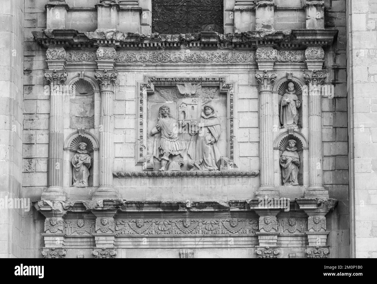 Sculptures sur le devant de l'église de Saint-Domingue de Guzman, Oaxaca, Mexique Banque D'Images