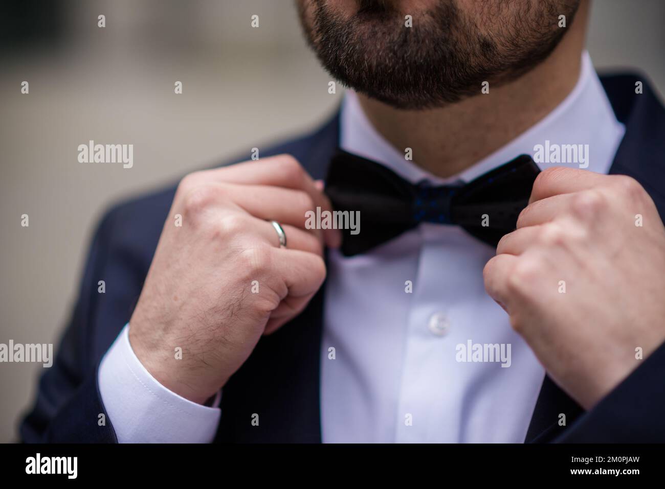 les mains du noeud papillon du marié. des groommen stylés qui aident les femmes à se préparer le matin pour la cérémonie de mariage. homme de luxe en costume dans la chambre. w Banque D'Images