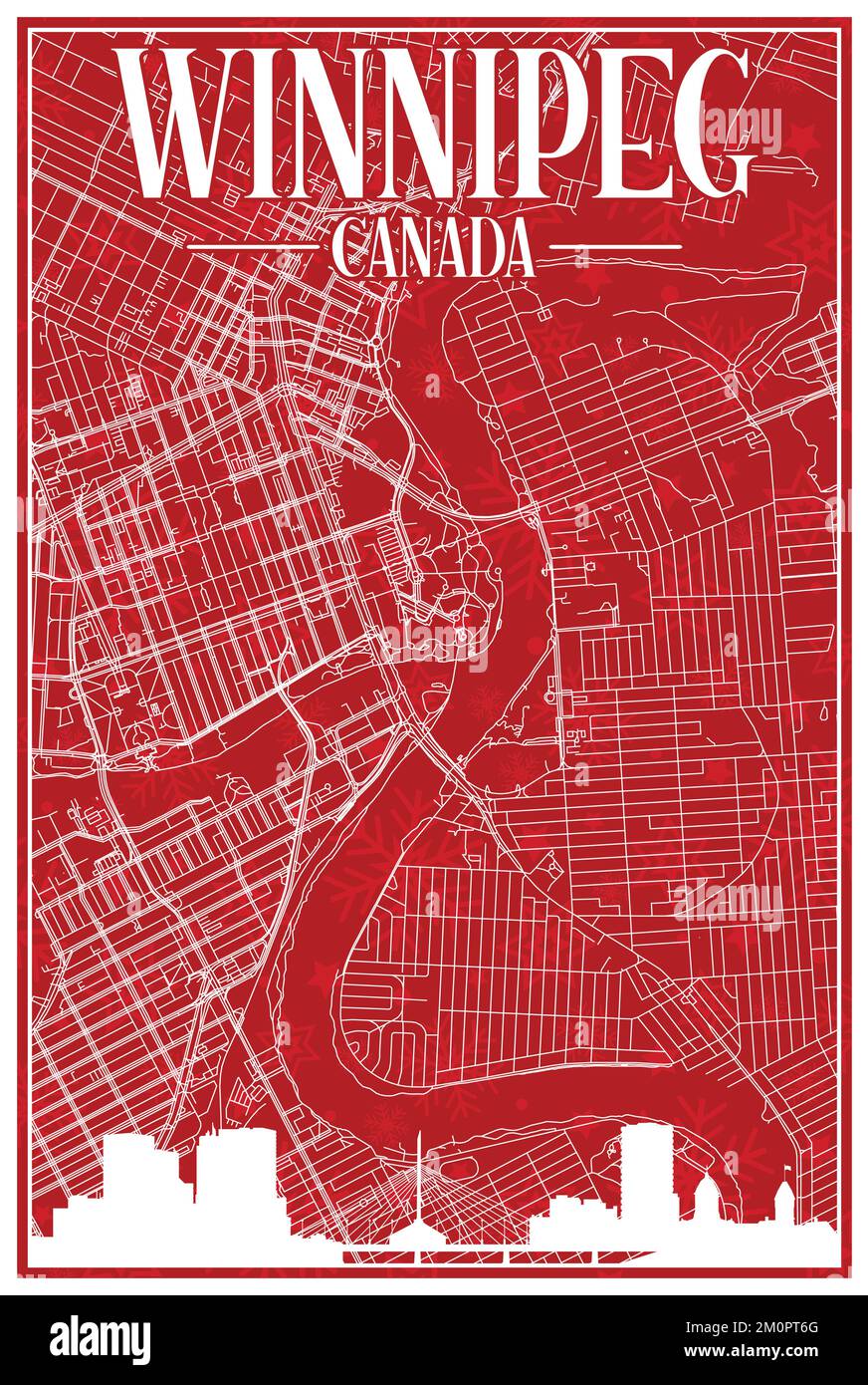 Carte postale de Noël rouge d'époque dessinée à la main du centre-ville DE WINNIPEG, CANADA, avec des lignes d'horizon et des lettres mises en valeur Illustration de Vecteur