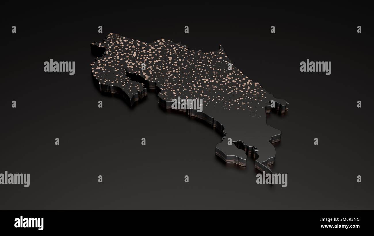 Une carte du Costa Rica en 3D avec paillettes d'or sur fond noir - concept de voyage et de vacances Banque D'Images