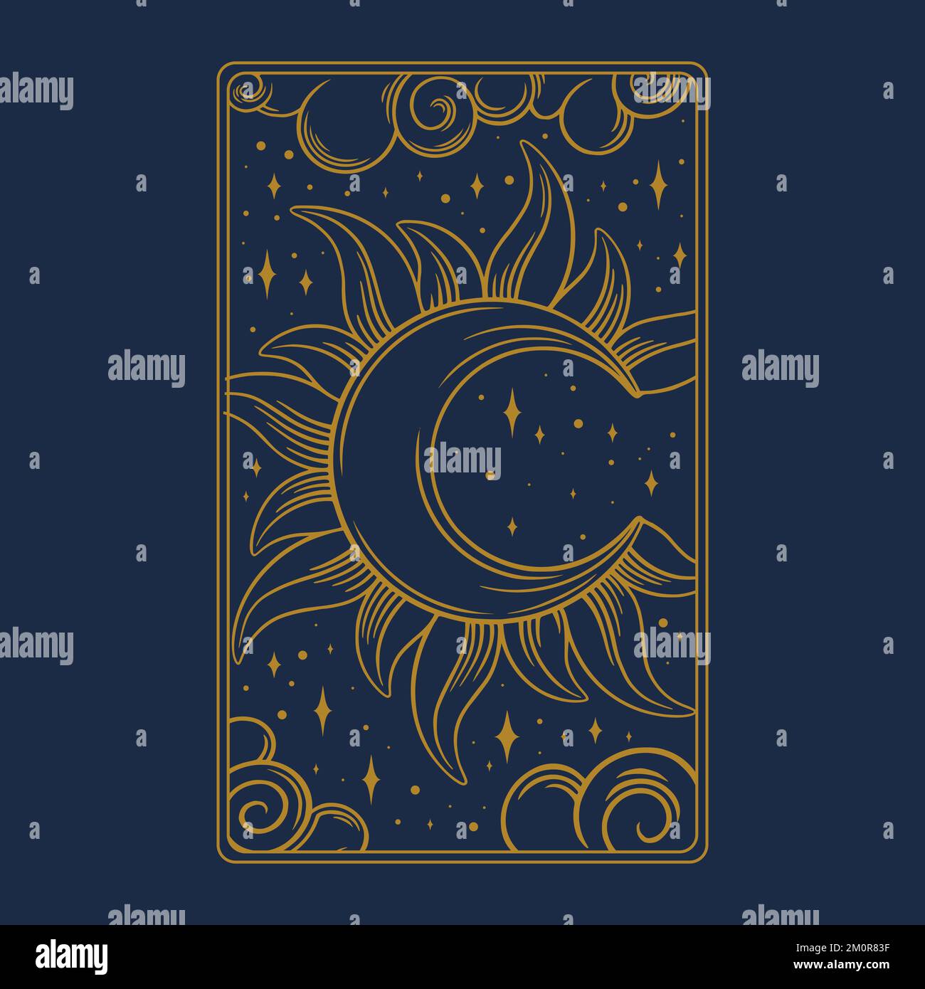 Carte d'or esthétique Tarot. Motif bohémien pour couvercles de cartes oracle. Illustration vectorielle isolée sur fond bleu Illustration de Vecteur