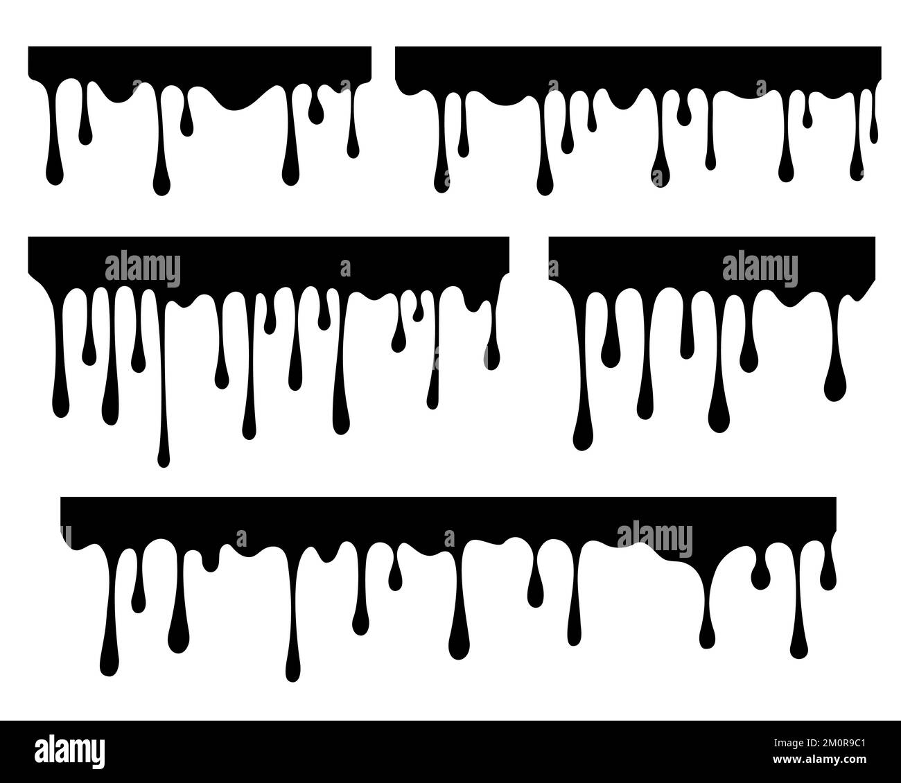 Gouttes fondues et gouttes de peinture liquide. Chocolat, encre, miel ou sirop actuels. Breloques à l'huile et à la crème. Bordure vectorielle transparente. Illustration de Vecteur
