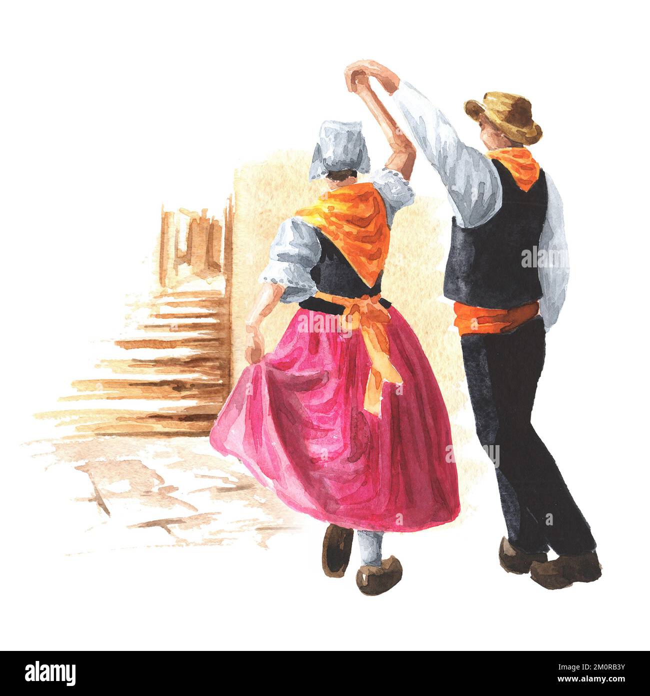 Fête des danses folkloriques françaises. Un couple de danseurs en costumes nationaux. Illustration aquarelle dessinée à la main isolée sur fond blanc Banque D'Images