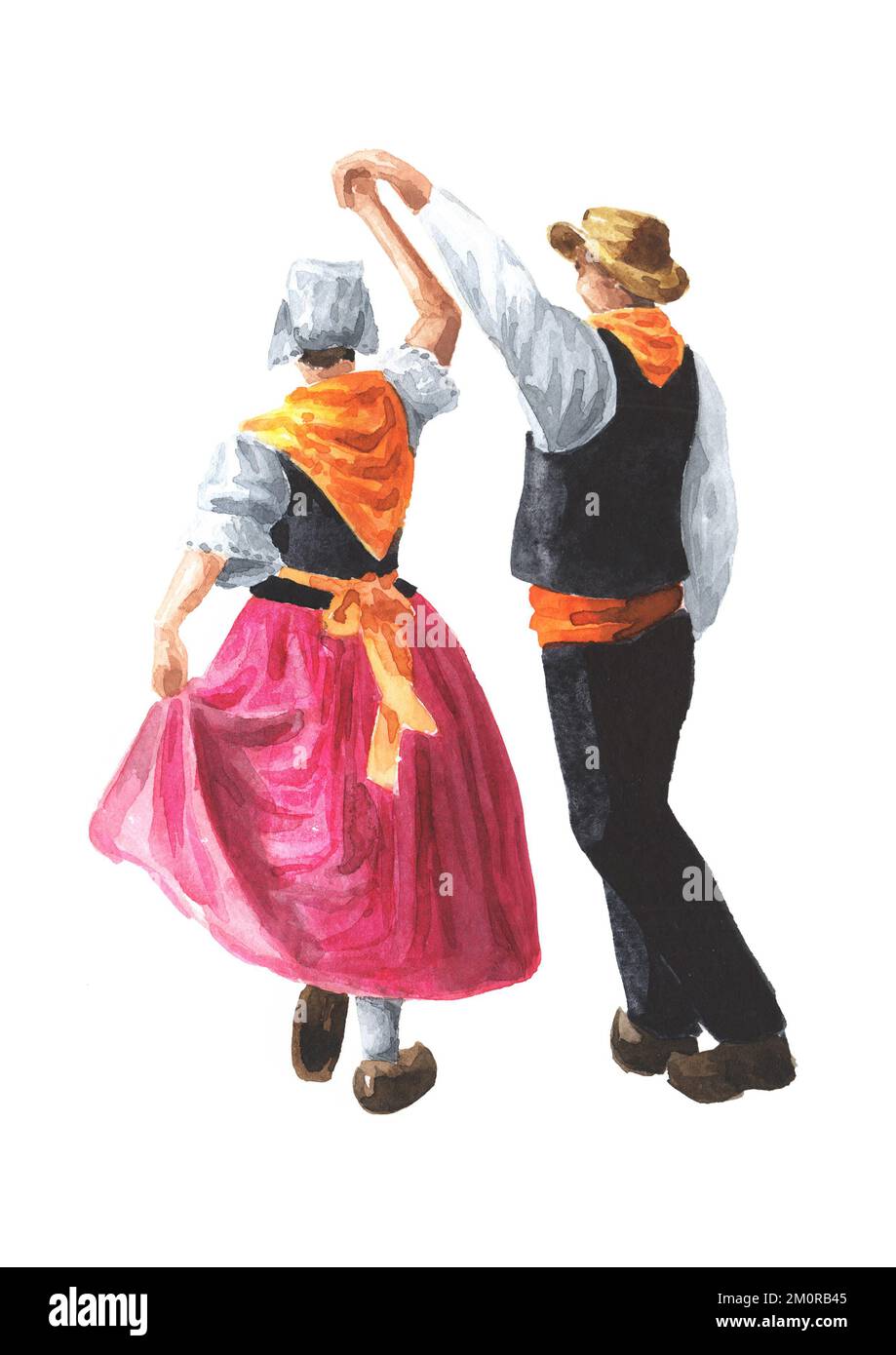 Danses folkloriques françaises. Un couple de danseurs en costumes nationaux. Illustration aquarelle dessinée à la main isolée sur fond blanc Banque D'Images
