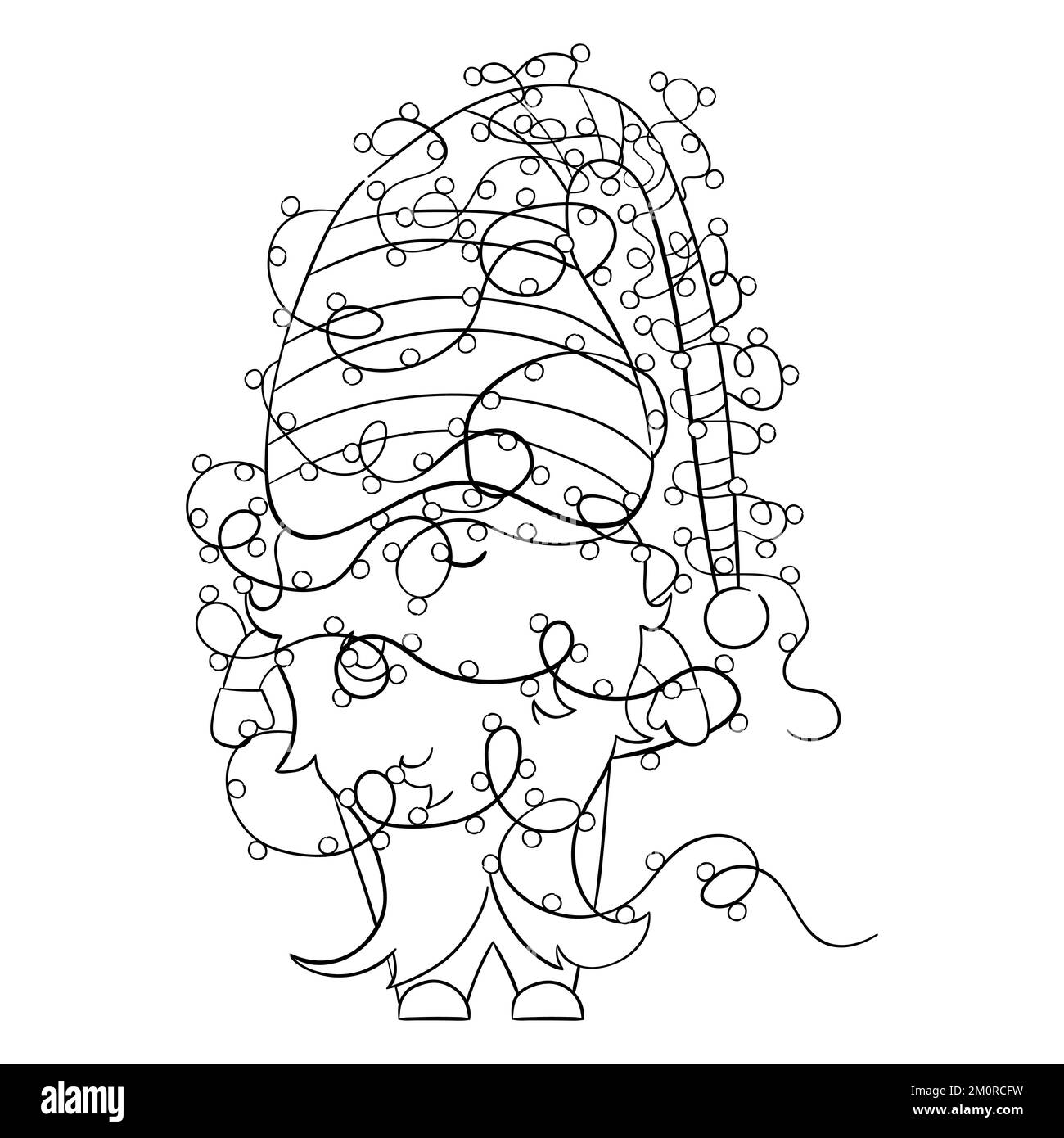 Gnome de Noël avec guirlande de Noël pour livre de coloriage. Design linéaire pour les pages de coloriage des enfants. Illustration de Vecteur