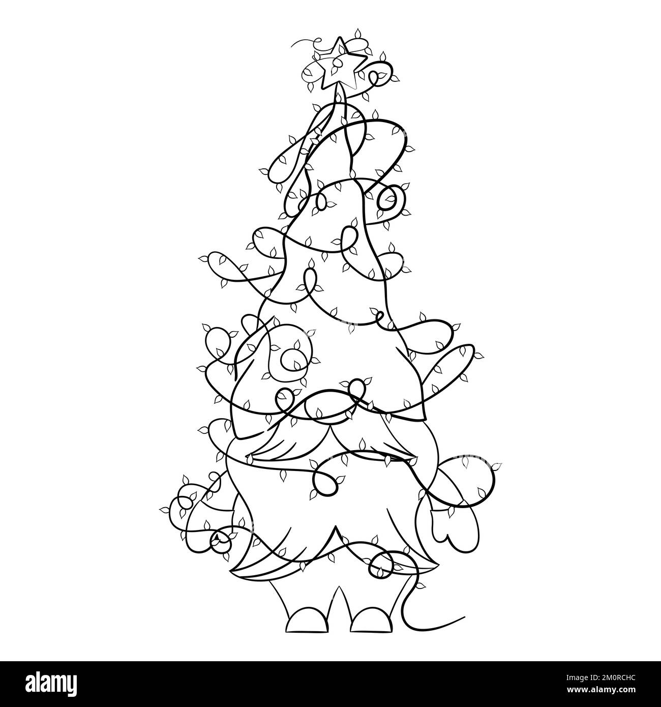 Gnome de Noël avec guirlande de Noël pour livre de coloriage. Design linéaire pour les pages de coloriage des enfants. Illustration de Vecteur