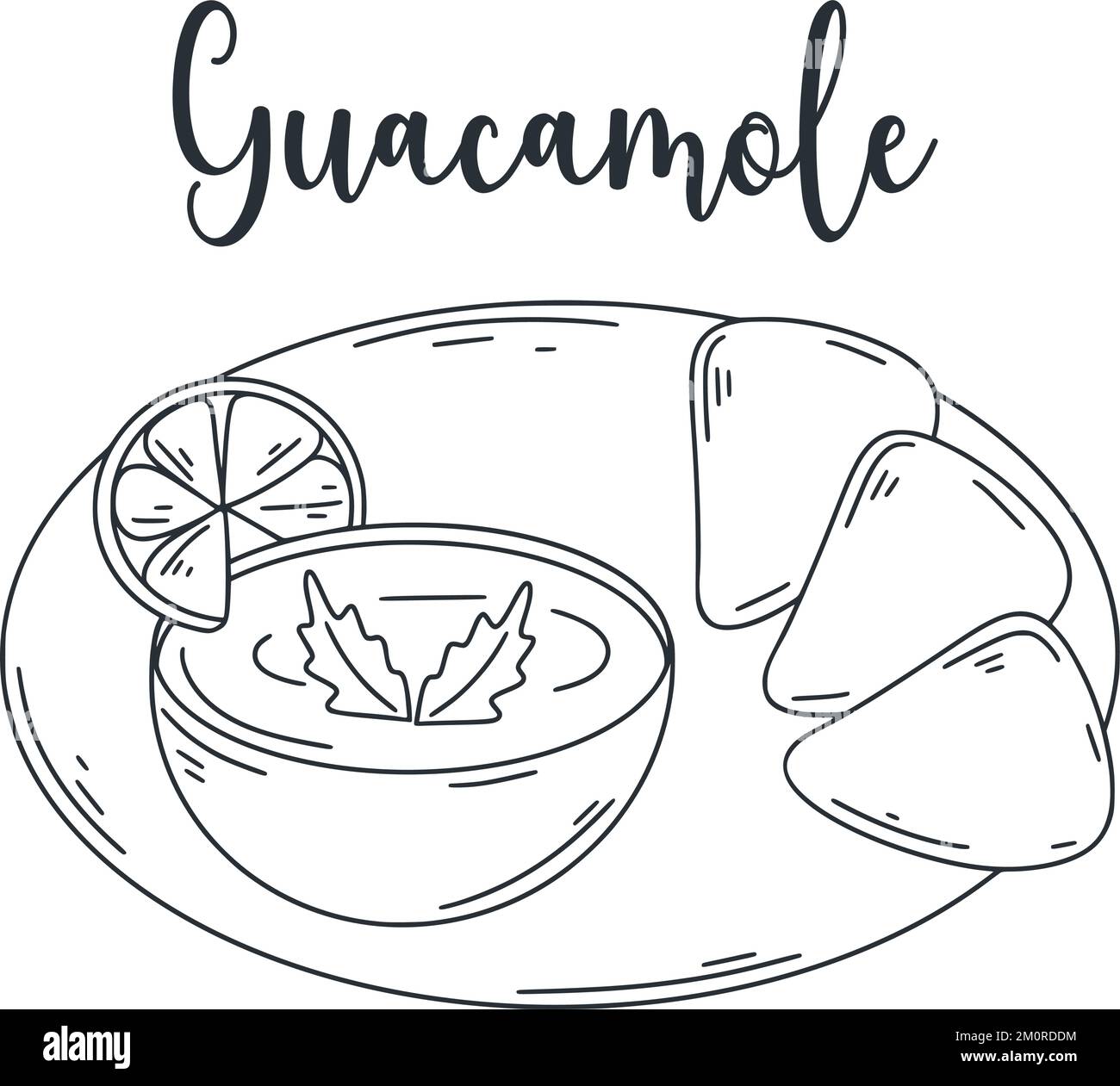 Illustration de l'apéritif froid mexicain, avocat et épices. Guacamole avec vecteur isolé de grains de maïs. Salsa alimentaire latino-américaine Illustration de Vecteur