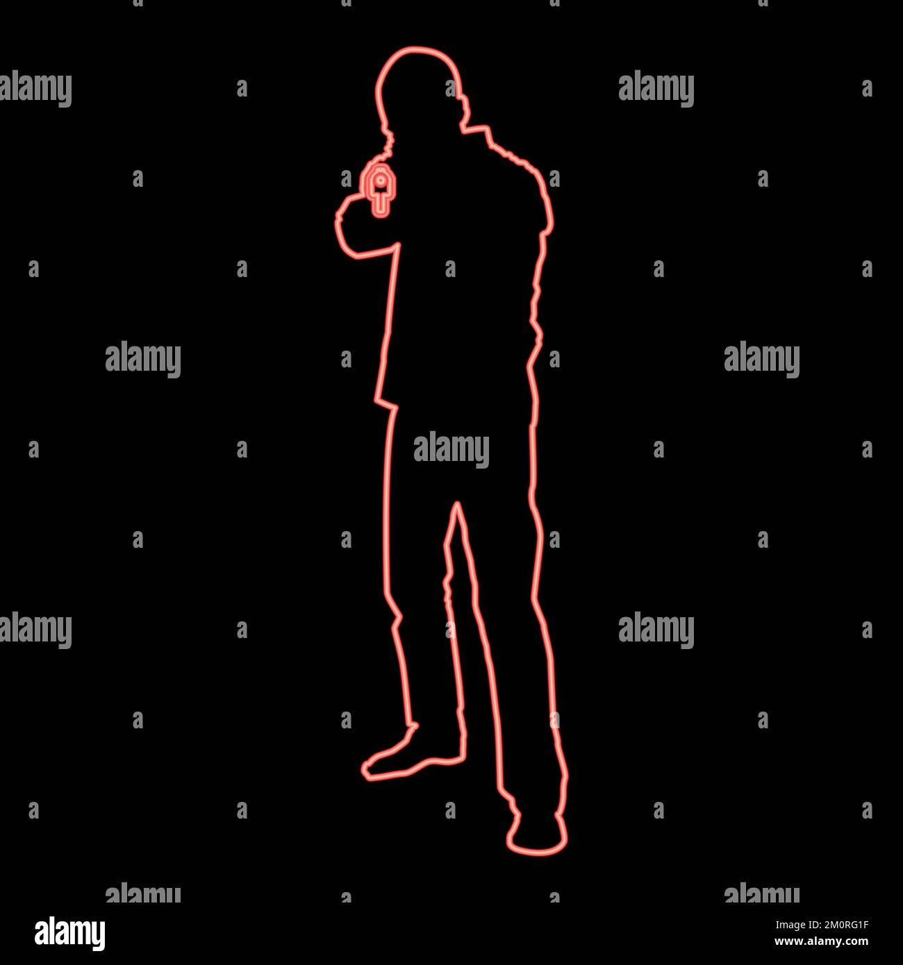 Néon homme avec pistolet silhouette criminel personne concept vue avant iconrouge couleur vecteur illustration image plate style lumière Illustration de Vecteur