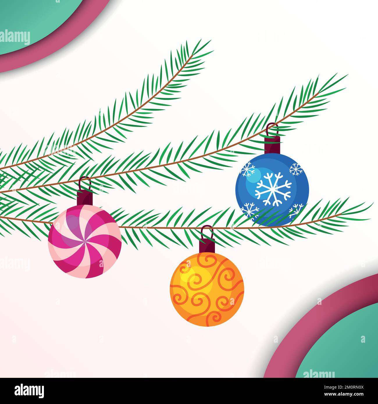 Décorations pour arbres de Noël. Boules colorées sur branches de sapin. Illustration vectorielle plate. Éléments pour motifs de Noël, cartes de vœux. Illustration de Vecteur