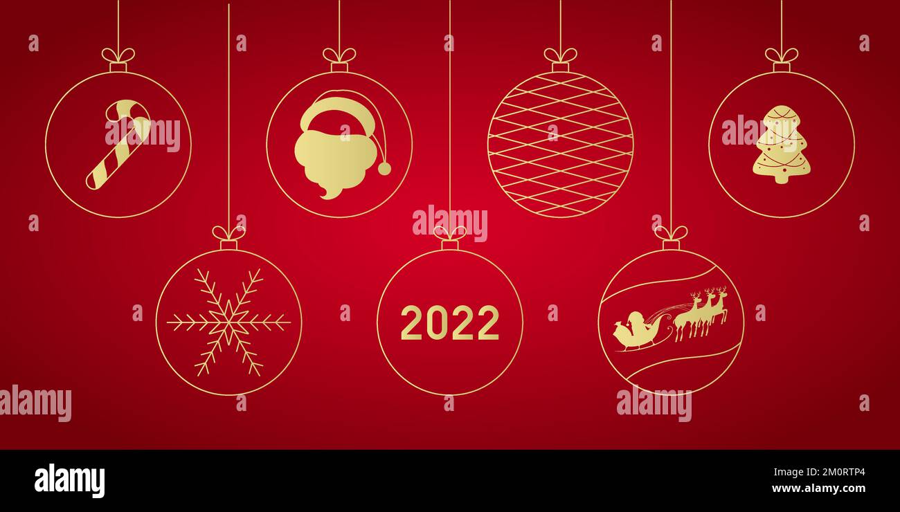 Boules de Noël dorées sur fond rouge. Illustration vectorielle. Illustration de Vecteur