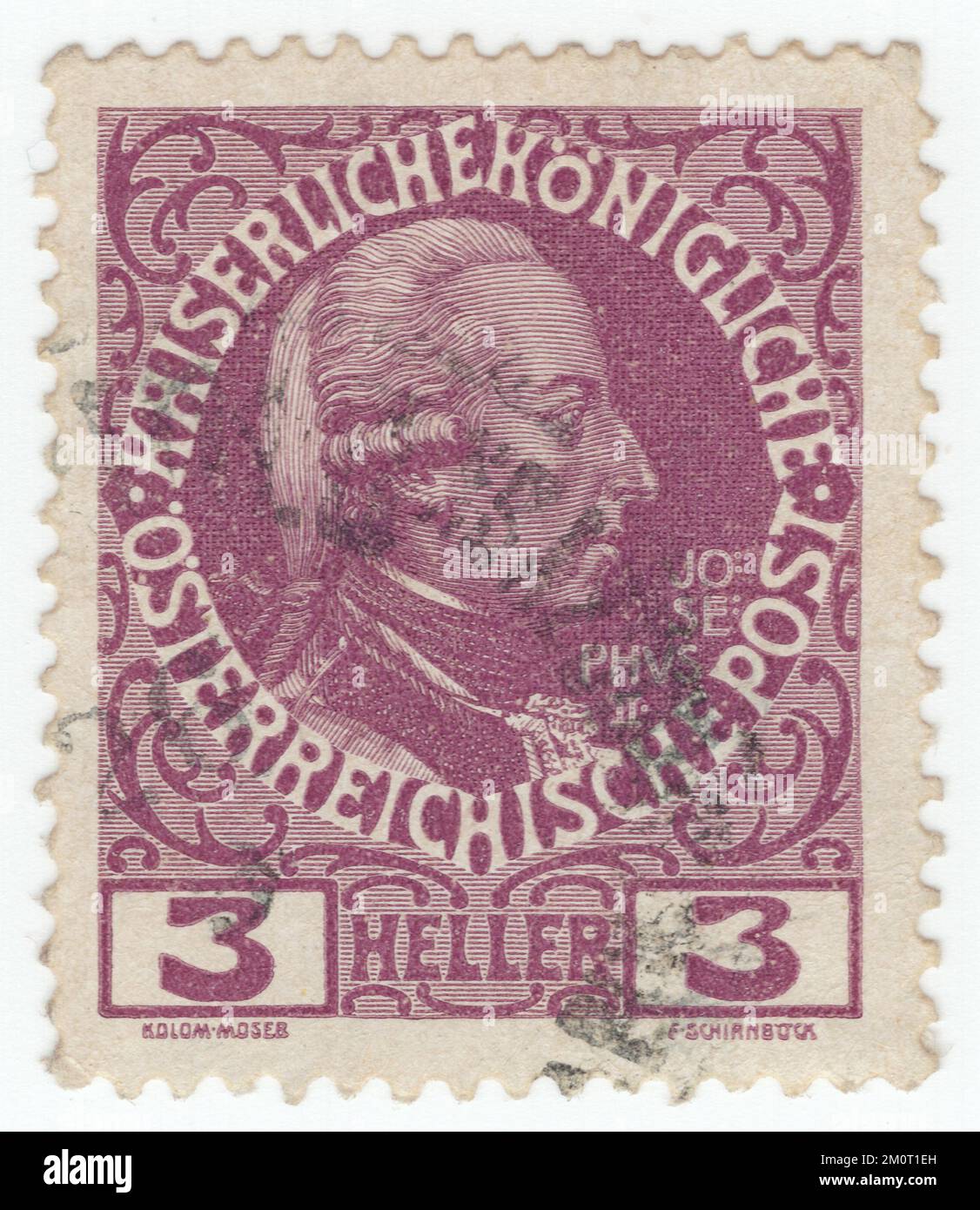 AUTRICHE — 1913: Timbre-poste magenta heller de 3 représentant le portrait de Joseph II Série définitive émise pour les 60th années du règne du monarque autrichien Franz Josef, empereur d'Autriche, roi de Hongrie, et des autres États de la monarchie des Habsbourg. Joseph II (Joseph Benoît Anthony Michael Adam) fut le Saint empereur romain d'août 1765 et seul dirigeant des terres des Habsbourg de 29 novembre 1780 jusqu'à sa mort. Il était le fils aîné de l'impératrice Maria Theresa et de son mari, l'empereur François Ier, et le frère de Marie-Antoinette, Maria Carolina d'Autriche et Maria Amalia, duchesse de Parme. Banque D'Images