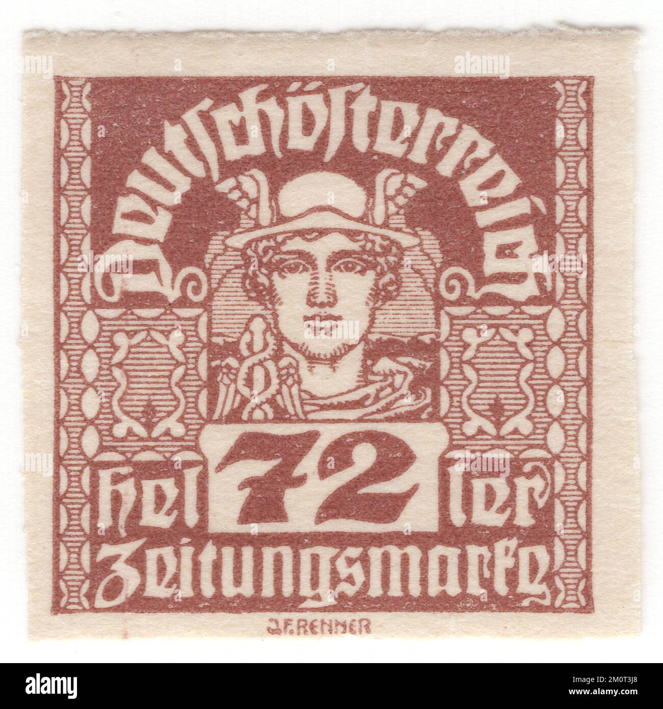 AUTRICHE — 1921: Un timbre de journal au chocolat heller de 72. Tête stylisée du dieu Mercure (Hermes) et ornement. Numéro de la première République Banque D'Images