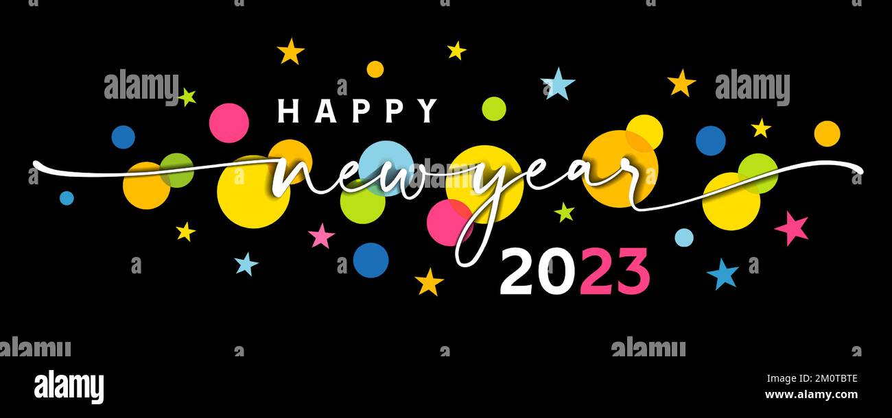 Carte de voeux bonne année 2023 avec tourbillon et étoiles colorées sur noir. Concept créatif de la calligraphie du nouvel an 20 23 pour affiche ou bannière Illustration de Vecteur