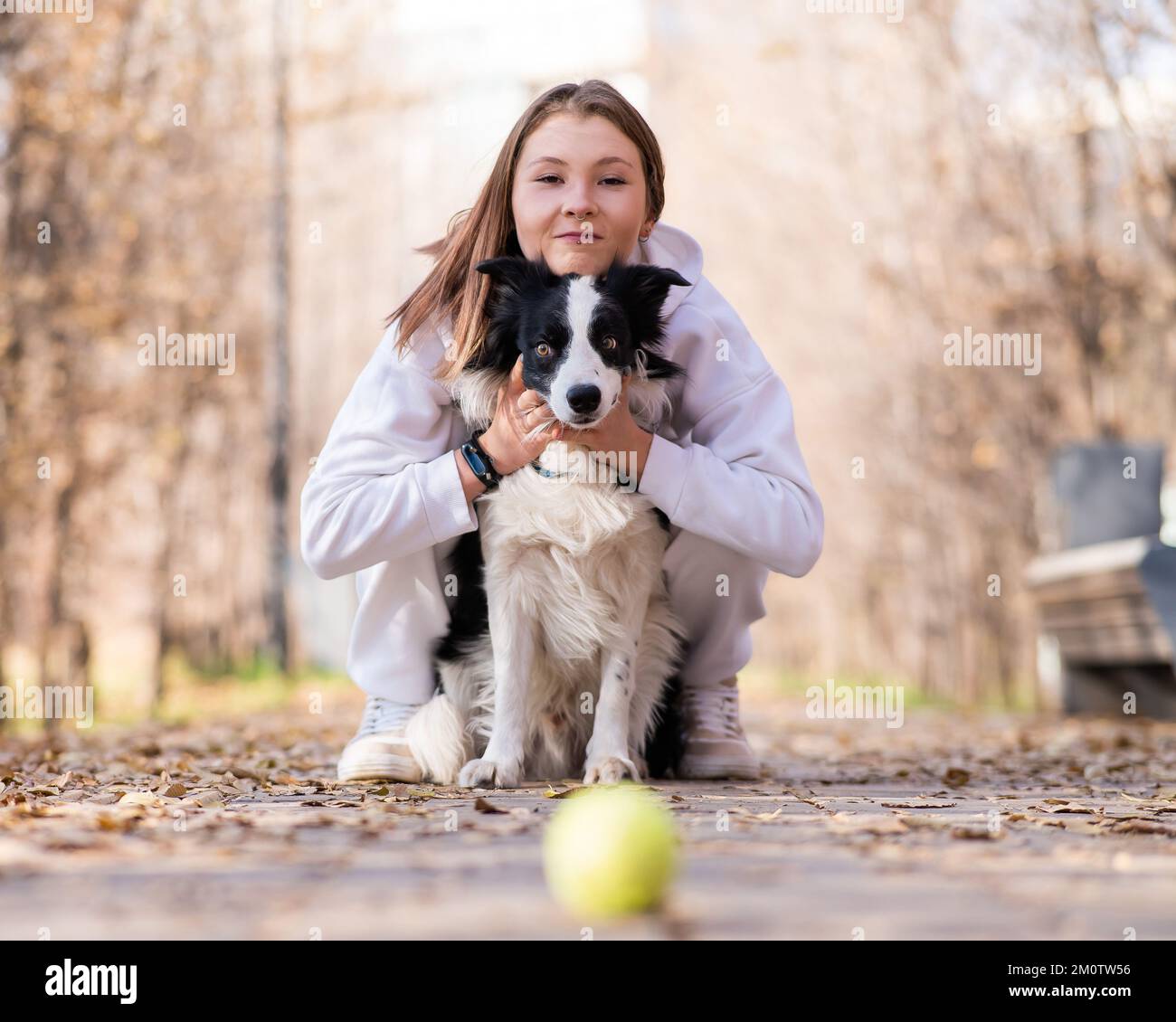 Femme caucasienne embrassant son chien lors d'une promenade dans le parc d'automne. Border collie regarde la balle. Banque D'Images Femme caucasienne embrassant son chien lors d'une promenade dans le parc d'automne. Border collie regarde la balle. Banque D'Images
