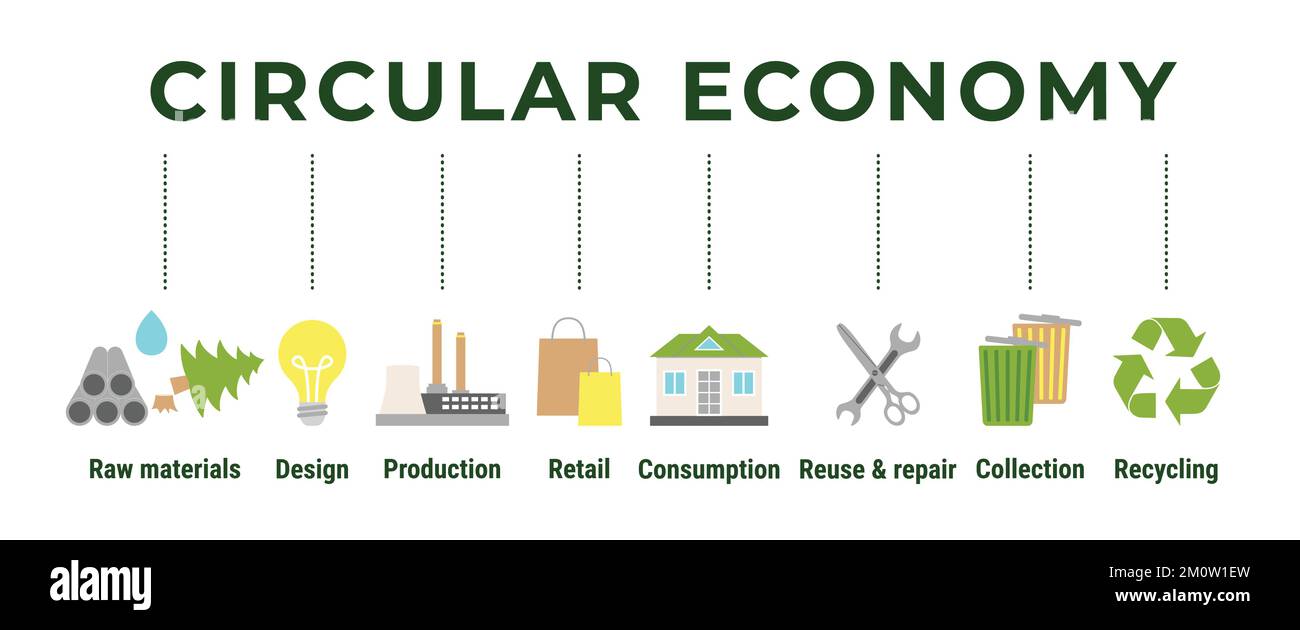Infographie sur l'économie circulaire. Modèle commercial durable. Icône bannière du cycle de vie du produit, de la matière première à la production, la consommation, le recyclage. Illustration de Vecteur