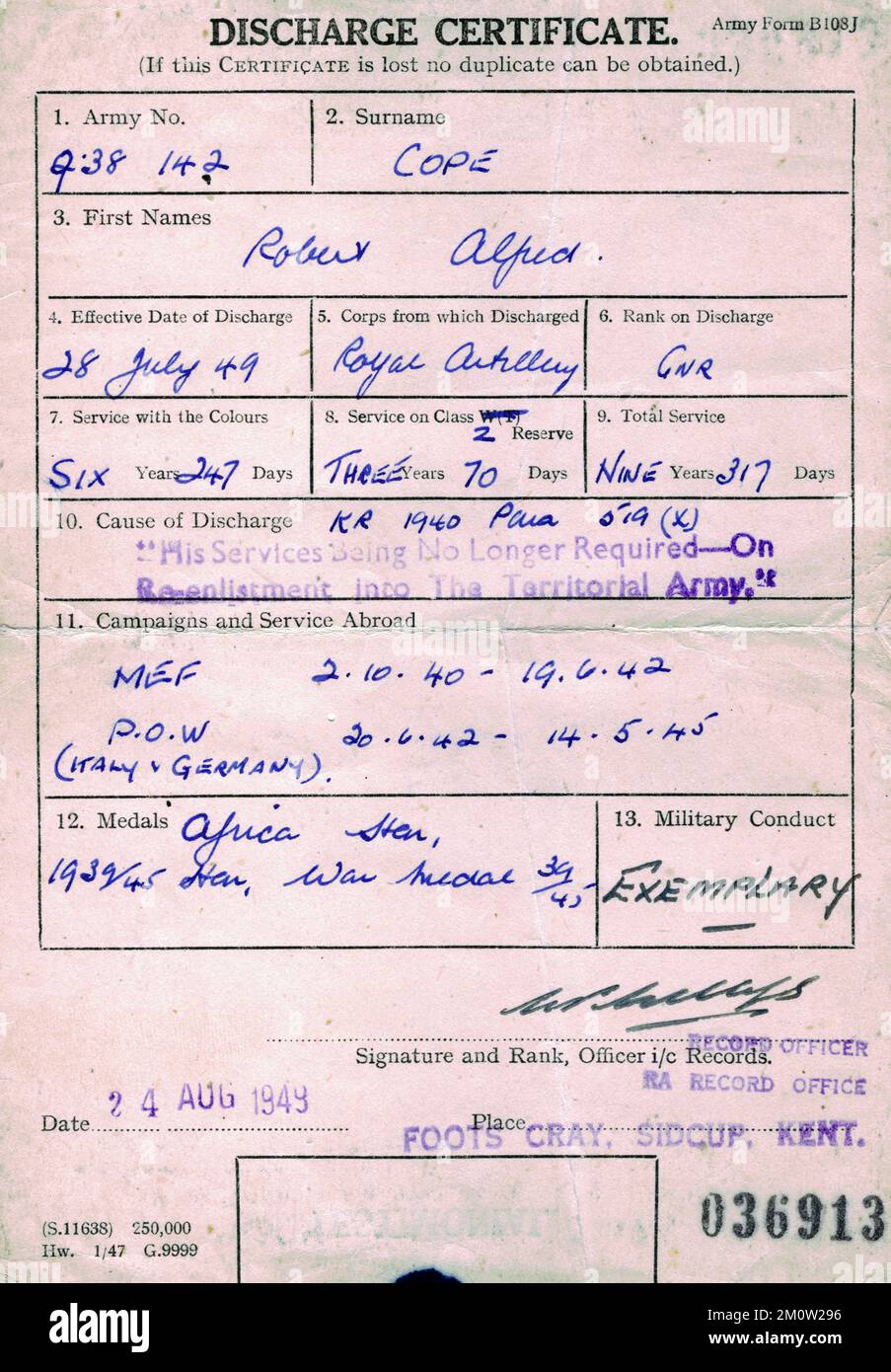 Certificat de service militaire Banque de photographies et d’images à