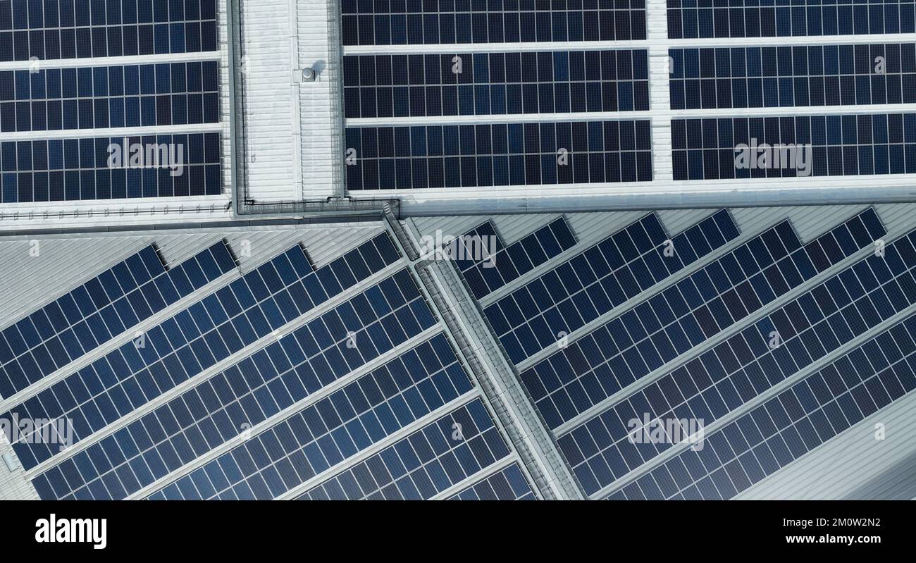 Vue aérienne des panneaux solaires ou du module photovoltaïque. L'énergie solaire pour l'énergie verte. Ressources durables. Les panneaux de cellules solaires utilisent la lumière solaire comme source Banque D'Images