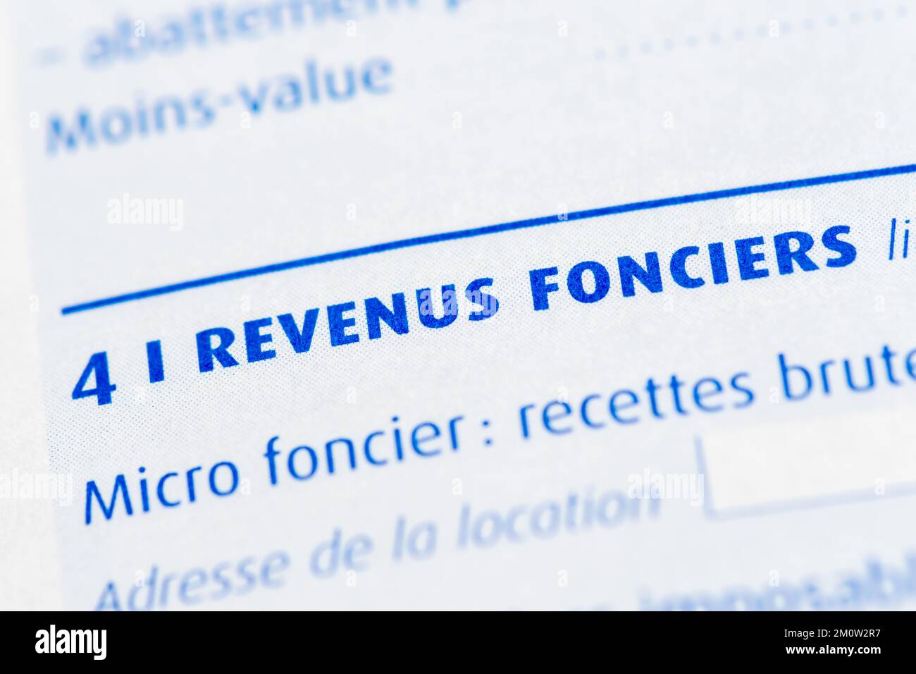 Impôts en France : détail d'une déclaration de revenus française avec un gros plan sur la section revenus immobiliers Banque D'Images