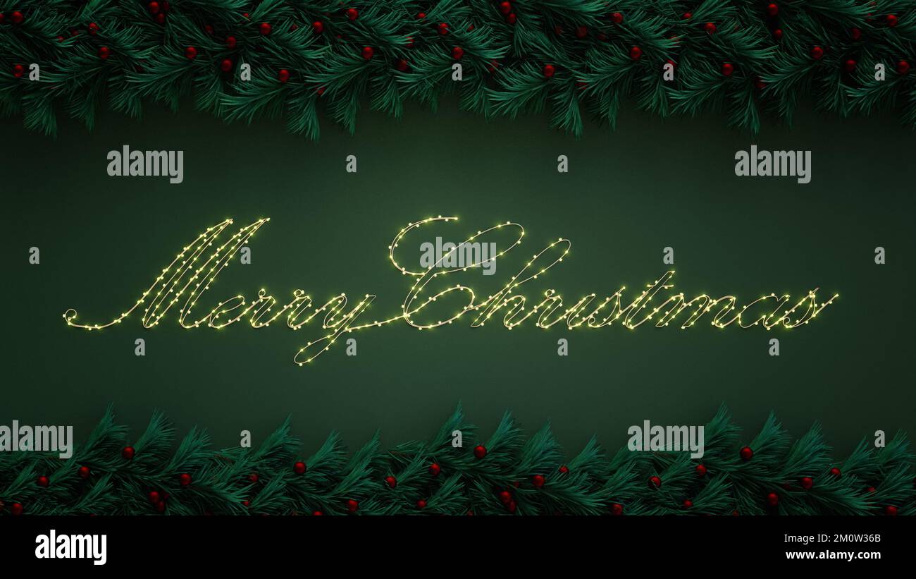 Lettrage joyeux Noël avec bordure de branches d'arbre de Noël décorées de boules et de lumières. 3D rendu Banque D'Images