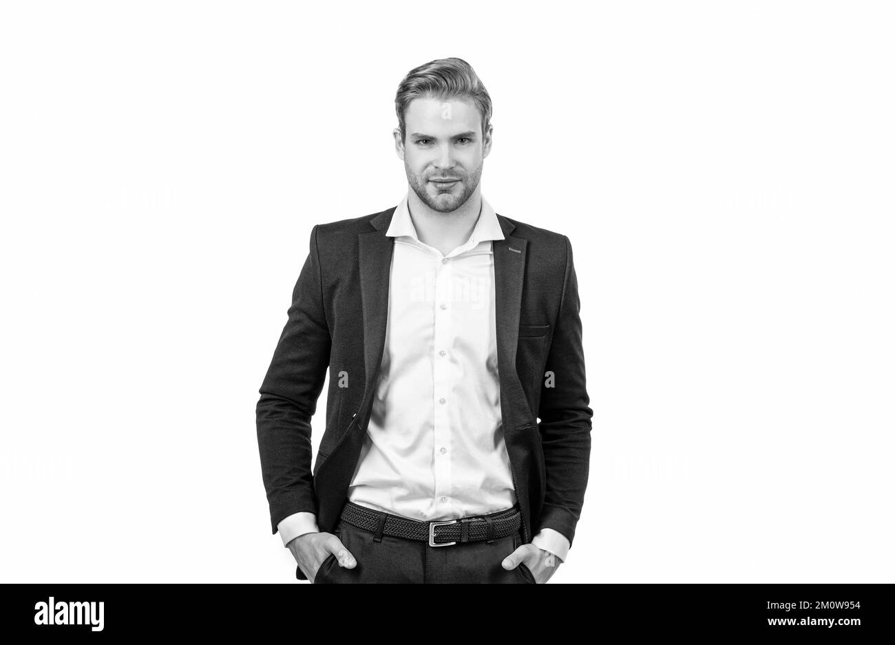 Le gars est un directeur junior. Directeur commercial isolé sur blanc. Homme professionnel sérieux Banque D'Images