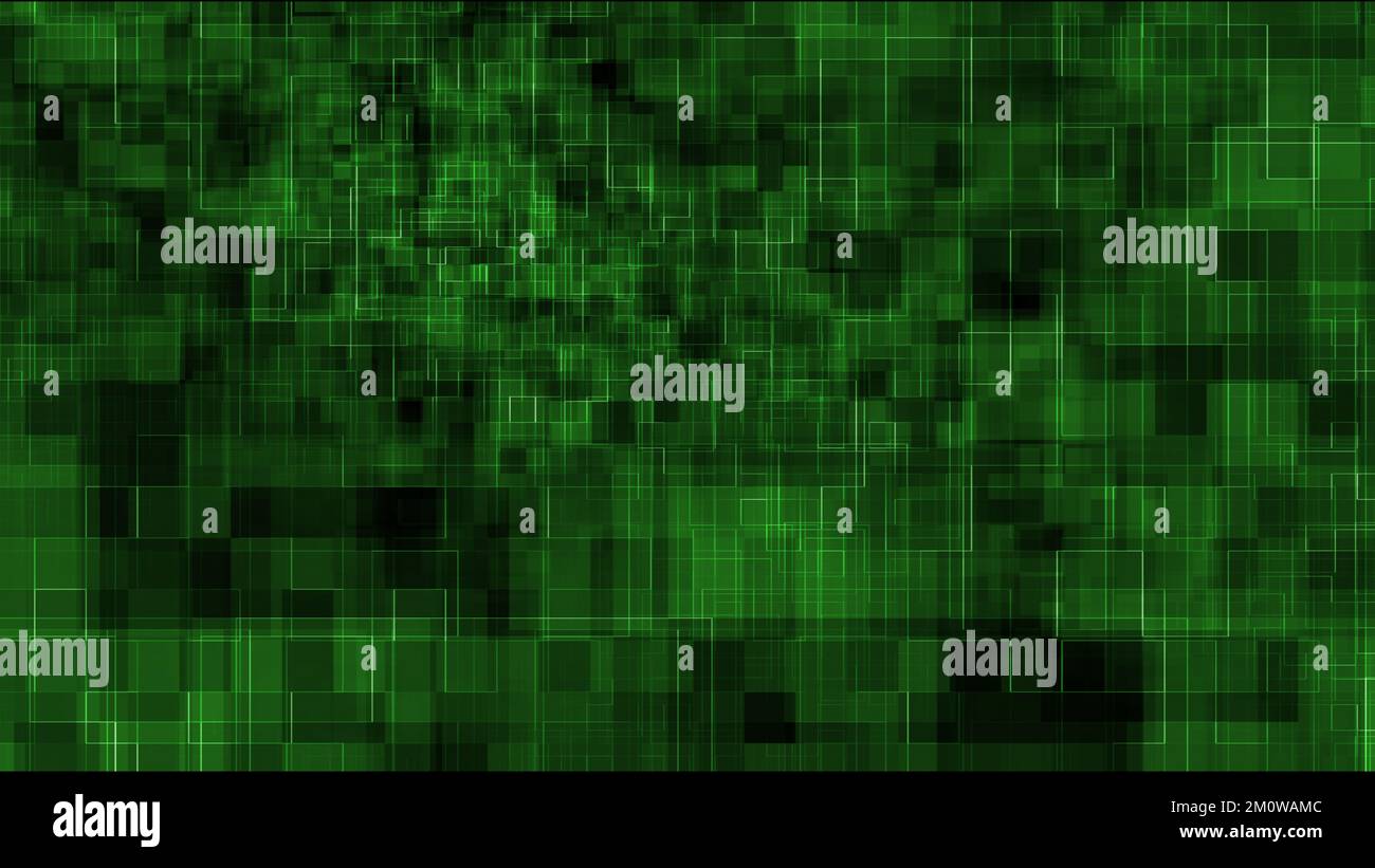 Formes carrées vertes reliées sur un arrière-plan abstrait et créatif flou avec 3D illustrations de rendu pour les concepts web, informatiques et de codage Banque D'Images