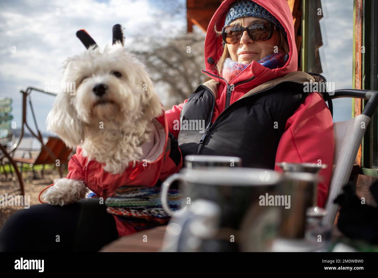 Une femme assise sur une terrasse avec un chien sur ses genoux Banque D'Images