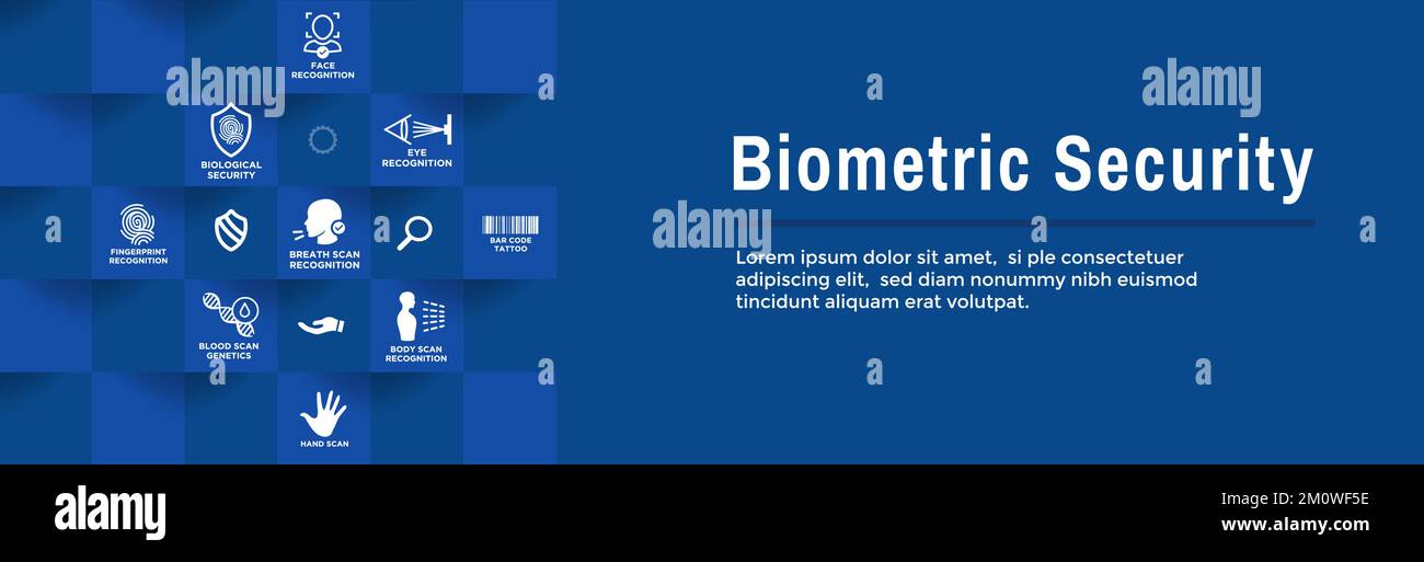 Bannière Web à lecture biométrique avec jeu d'icônes : ADN, empreinte digitale, lecture vocale, code-barres tatouage, 2FA etc Illustration de Vecteur