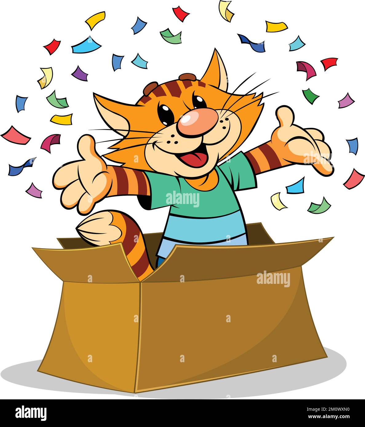 Une illustration vectorielle d'une bande dessinée rouge chat saute d'une grande boîte. Illustration de Vecteur