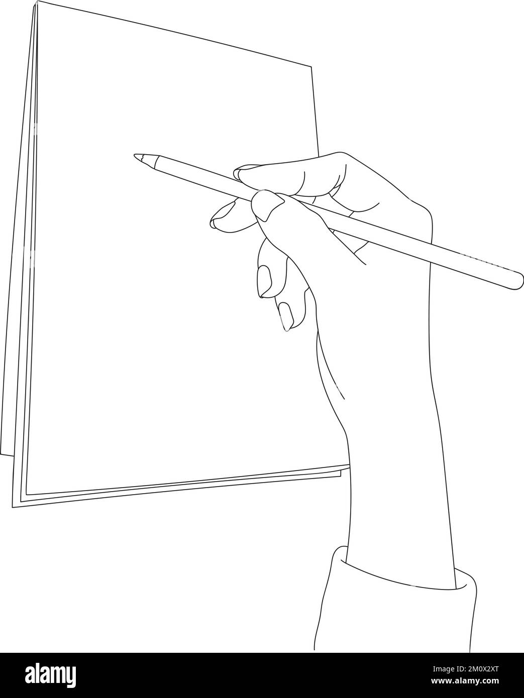 Main tenant un crayon sur le papier. Dessin de ligne noire isolé sur blanc. Illustration de Vecteur
