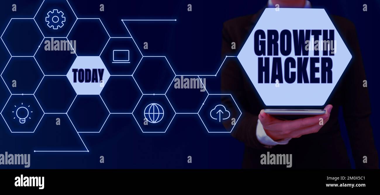 Texte montrant inspiration croissance Hacker, mot écrit sur généralement pour acquérir autant d'utilisateurs ou de clients que possible Banque D'Images