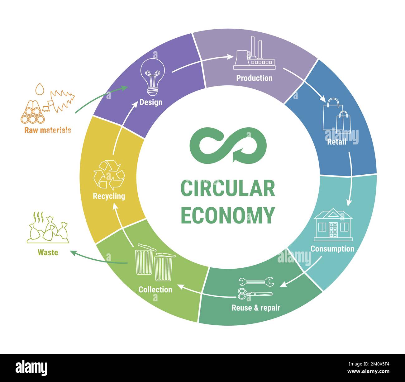 Infographie circulaire de la gamme économique sur le schéma coloré. Modèle commercial durable. Schéma du cycle de vie du produit de la matière première à la production, consu Illustration de Vecteur